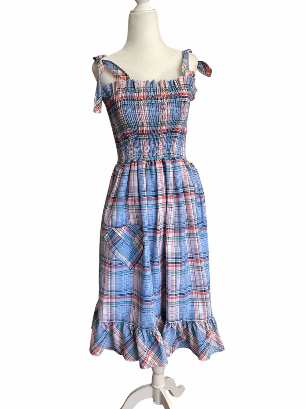 TJ Dress Co Smocked Tie-Shoulder Midi Dress in Blue and Pink Plaid 70s Vintage
